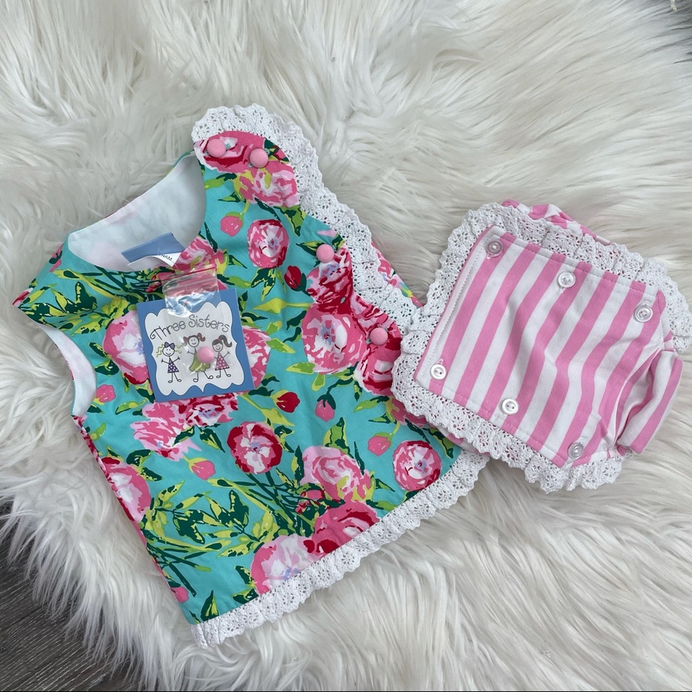Three sisters 2 piece out fit floral top with bloomers striped  6 months